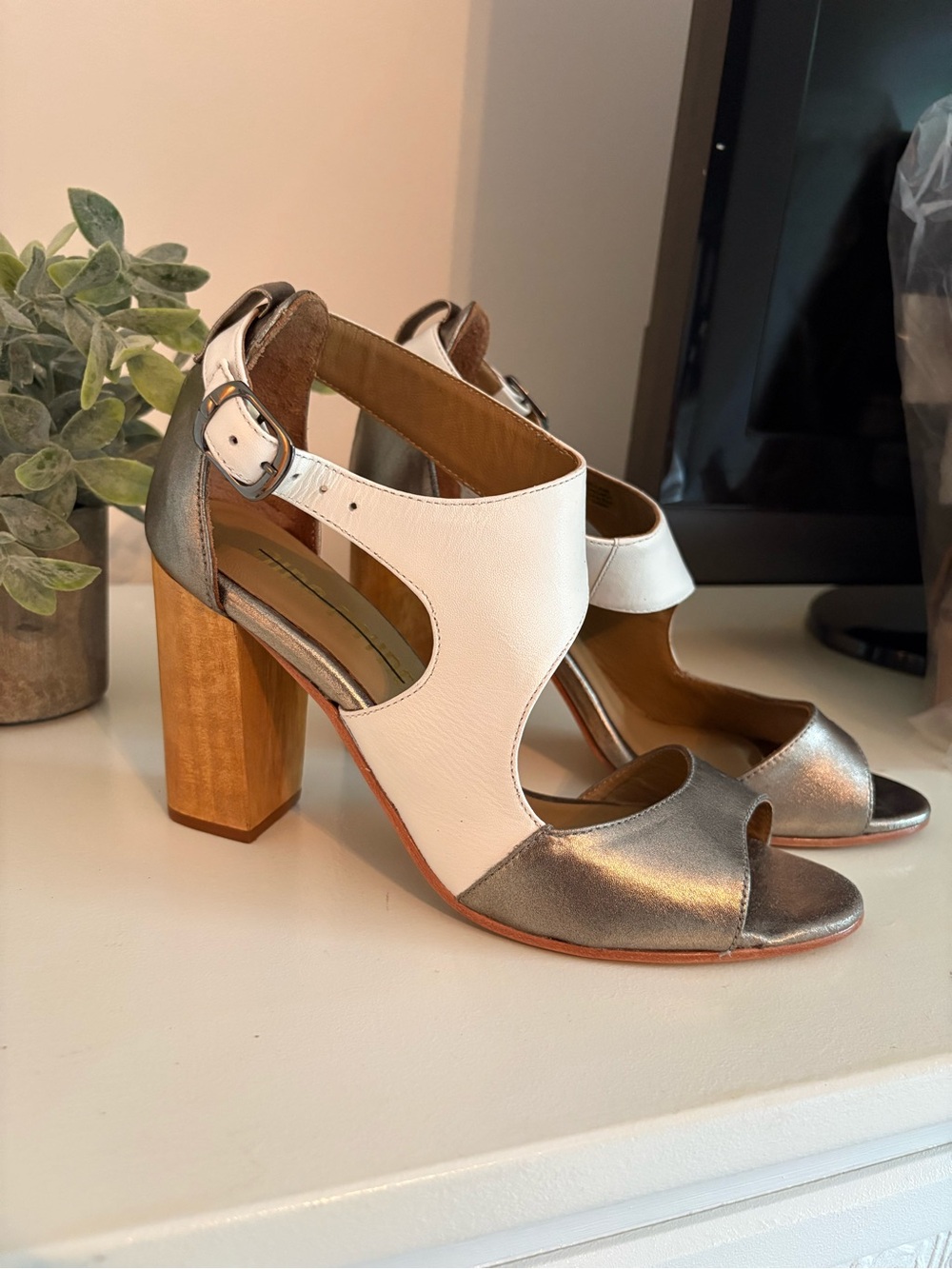 White and Silver Open-Toe Block Heels with Ankle Strap